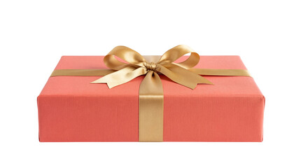 Obraz premium Beautiful coral peach gift box with elegant golden satin ribbon and bow, a perfectly wrapped present isolated for festive celebrations and special occasions PNG
