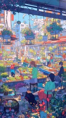 Fototapeta premium Vibrant City Pop Market Scene, lively weekend farmers market bustling with colorful produce, cheerful local farmers, bold outlines, simple colors, geometric style, cool neon palette