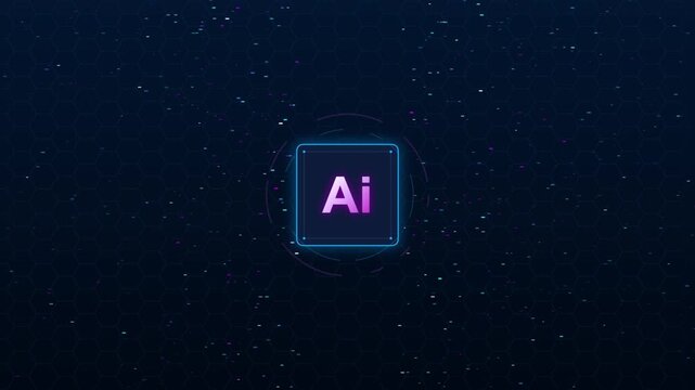 Conceptual illustration of artificial intelligence symbol in glowing digital square amidst futuristic tech background