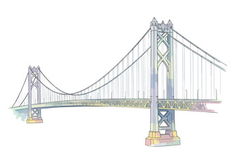 Fototapeta premium Watercolor illustration of a suspension bridge with pastel colors on a white background