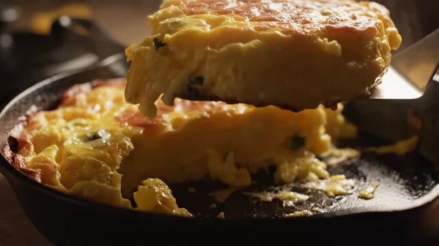 Fluffy omelette cooking in a black cast iron skillet with spatula