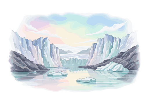 Serene Arctic landscape with towering glaciers and floating icebergs in calm water