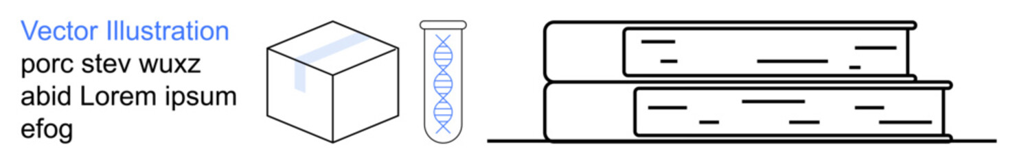Fototapeta premium Education, research, science, knowledge, biotechnology, study materials. Minimal line art with books, a DNA test tube and a cube. Education and research concepts illustrated