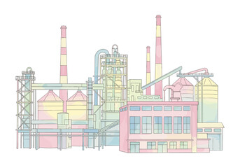 Fototapeta premium Colorful industrial factory complex with silos and smokestacks, illustrated in a modern flat style