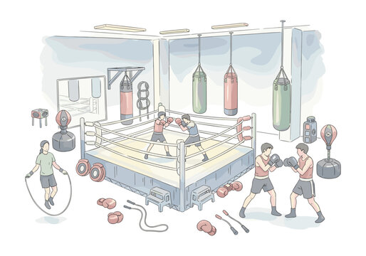 Diverse group of people training in a boxing gym with various equipment and a boxing ring
