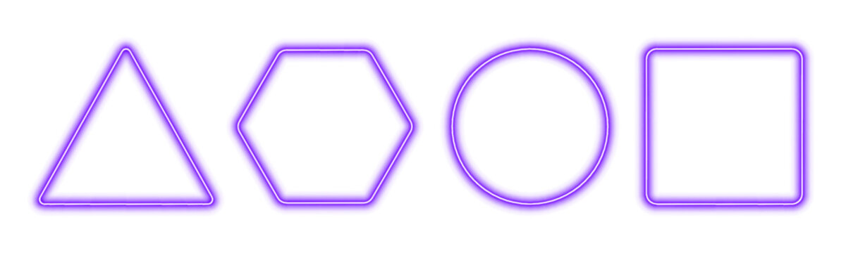 Multicolor neon frames set with triangle, square, hexagon and circle, glowing edges and vibrant light vector