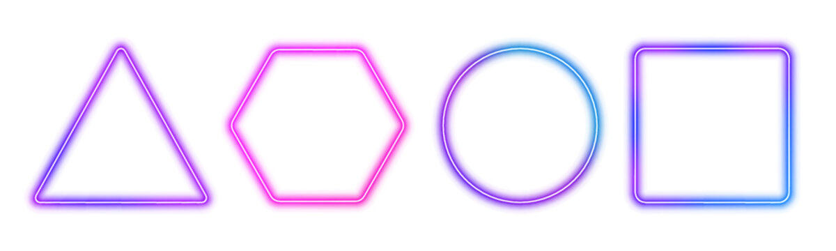 Rainbow neon frame set with triangle square hexagon and circle, glowing borders and smooth outlines png