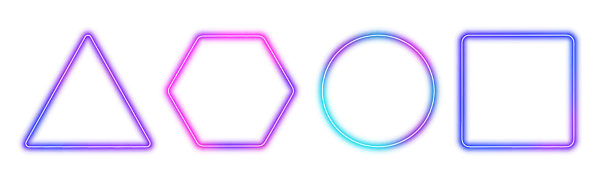 Neon outline shapes set triangle square hexagon circle with luminous edges and dynamic glow png