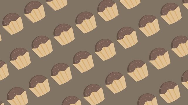 Seamless pattern with chocolate cupcakes or muffins on a brown background animation. Repeating bakery wallpaper with a minimalist chocolate dessert illustration. Diagonally aligned sweet snack banner.