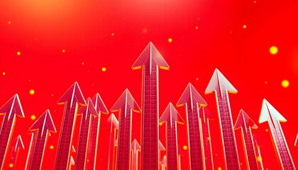 Fototapeta premium Multiple arrows pointing upwards in a red background with yellow dots