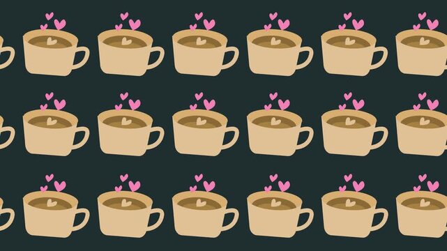 Seamless pattern with coffee cups and pink heart steam on a background animation. Repeating cafe wallpaper with a minimalist mug and romantic heart symbols. Horizontal hot coffee drink or tea banner.