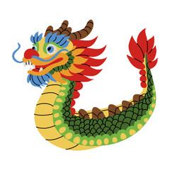 Fototapeta premium Flat illustration of a colorful traditional Chinese dragon with green scales and red mane, a boat. Oriental mythology symbol for Lunar New Year festival design, stickers or cultural web banners.