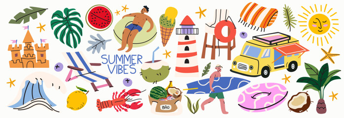 Summer vibes big stickers set with beach elements, swimming people, tropical fruits, travel van in cartoon retro style. Tropical vacation vector illustration for scrapbooking, patches, print © luamor