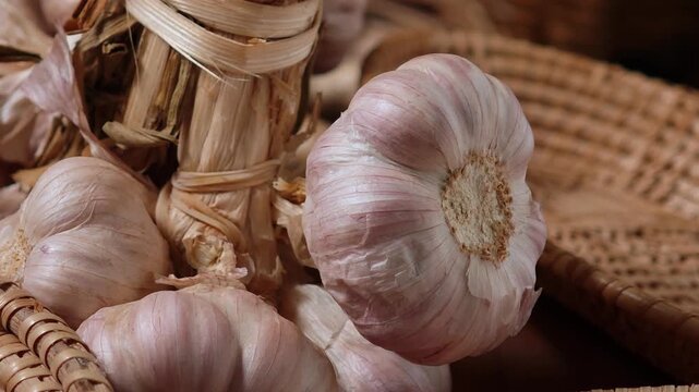 Fresh garlic in a basket.	