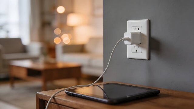 Digital tablet device resting on a wooden table while actively charging from a wall electrical outlet indoors.