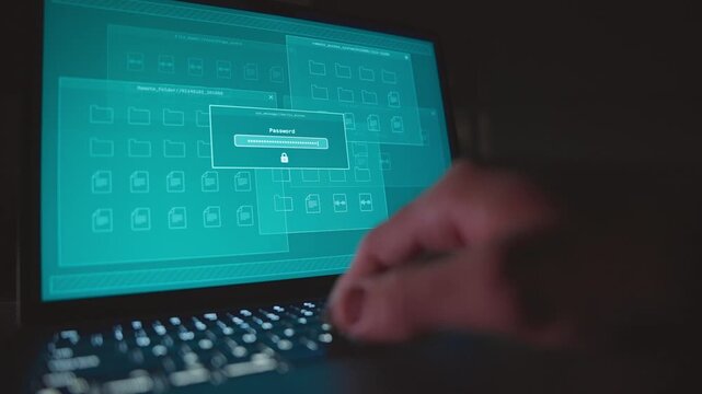 Hand typing incorrect password code on computer laptop server in office at night. Person hacker or spy using laptop trying to access remotely government or top secret agency file data and denied entry