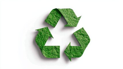 Green recycling symbol made from natural leaf texture isolated on white background. Concept of sustainability, environmental protection, eco friendly lifestyle, waste reduction and circular economy