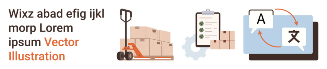 Logistics, translation, shipping, inventory management, global business, workflow optimization. Forklift carrying packages, clipboard with checklist and language translation symbols. Logistics © robu_s