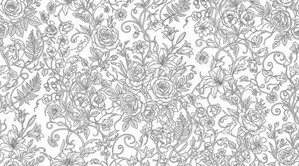 Intricate floral design featuring roses and various plants on a soft white background