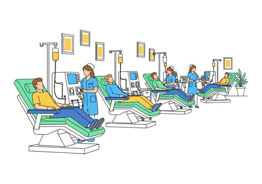 Medical staff tending to patients undergoing dialysis treatment in a modern clinic setting