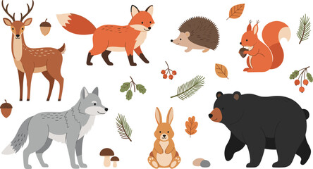 Cute Woodland Forest Animal Cartoon Vector Set Featuring Deer, Fox, Hedgehog, Squirrel, Wolf, Bear and Rabbit with Autumn Leaves and Nature Elements. © MstSuborna