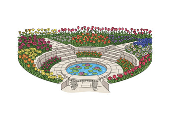Obraz premium Beautifully illustrated garden with a central pond and colorful flower beds