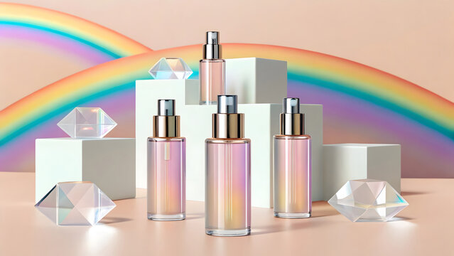 3 D hyperreal visualization of beauty bottles arranged with geometric crystals and rainbow background