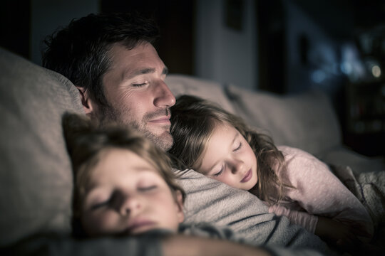 La paternidad descansa en silencio: gesto protector, atm&oacute;sfera c&aacute;lida y v&iacute;nculo emocional intergeneracional. Padre durmiendo con dos hijos en el sof&aacute;, luz c&aacute;lida, mantas suaves, imagen &iacute;ntima y serena