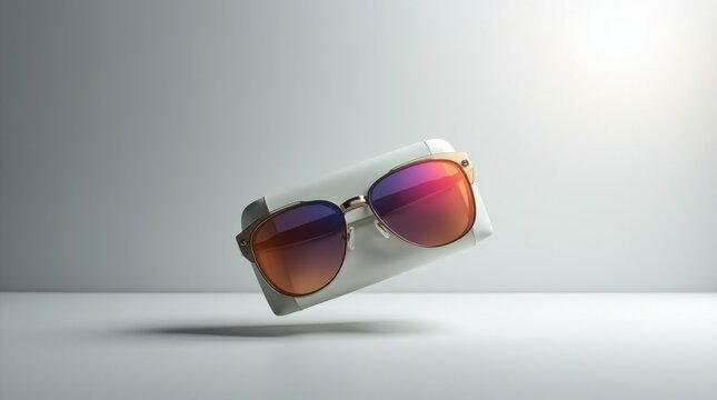 Estuche de gafas de sol de dise&ntilde;ador flotando en el aire, fondo de moda minimalista