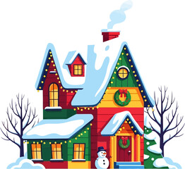 Fototapeta premium Charming winter house decorated with festive lights and a snowman
