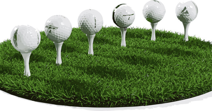 Create a realistic kinds of deferent Golf ball on white tee and green grass isolated on white. 3d render vector art with white background.
