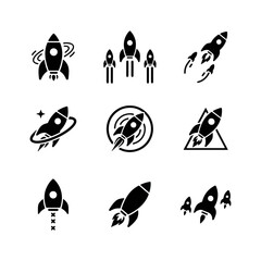 Space exploration icons set featuring rockets, space shuttles, and launch silhouettes.