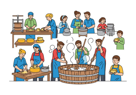Artistic illustration of people working together in a cheese-making factory, diverse ages and roles