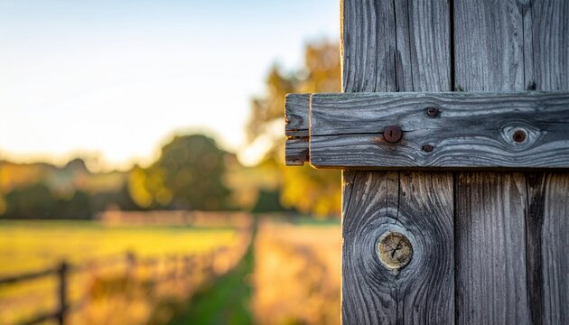 Aged wooden fence post with weathered paint and visible knots in a golden rural landscape