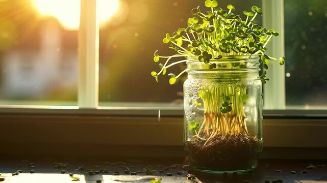 Static close up tilt of jar of microgreens growing and glistening on kitchen windowsill with warm morning sunlight backlight