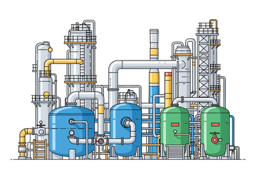 Modern industrial chemical plant with distillation towers and storage tanks, clean vector illustration