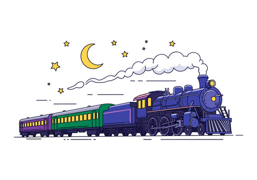 Vintage steam train travels through the night sky with moon and stars