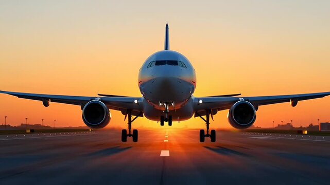 Airliner flying into the sunset on a runway, approaching for landing, black goat motif