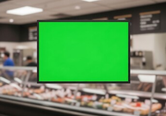 Fototapeta premium Green Screen Display in Supermarket, Blank Advertising Screen