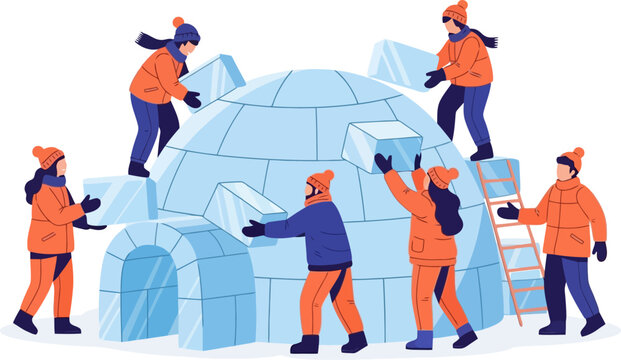 Team of people works together to build a traditional ice igloo