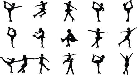 Professional Figure Skating Icon Set Featuring Ice Skaters Performing Spins Jumps Spirals and Artistic Pairs Dancing Silhouettes © MsDesignPro