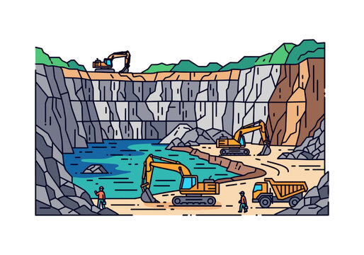 Open pit mine with excavators, dump truck, and workers near a water body