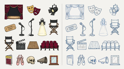 A collection of colorful and sketched illustrations depicting various elements of theater and performance art. © renender