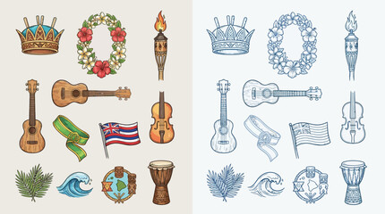 A collection of colorful and monochromatic illustrations of Hawaiian cultural symbols and musical instruments. © renender