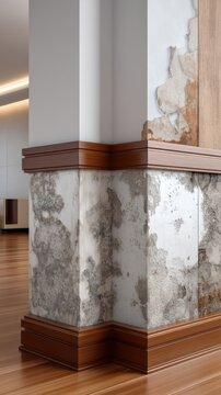 Indoor mold collection on wall corner in room with wooden floor showing signs of age, decay, and poor maintenance across different sections of the space