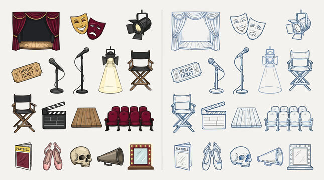 A collection of colorful and sketched illustrations depicting various elements of theater and performance art.