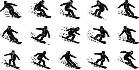 Professional Snowboarding Icon Set Featuring Snowboarders Carving Through Snow Performing Stunts and Extreme Winter Sports Action Silhouettes © MsDesignPro