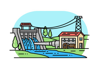 Naklejka premium Hydroelectric power plant generating clean energy from flowing water and turbines