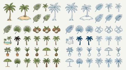 A comprehensive collection of colorful and sketched palm tree illustrations, including various types, coconuts, and island elements.