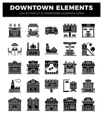 downtown city element icons. including buildings. vehicles. and amenities. © Icon